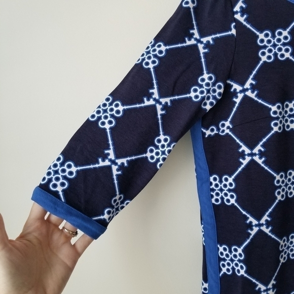 Crown & Ivy Blue/Navy Nautical Key Print 3/4 Sleeves Midi Shift Dress Size XS - Picture 2 of 12